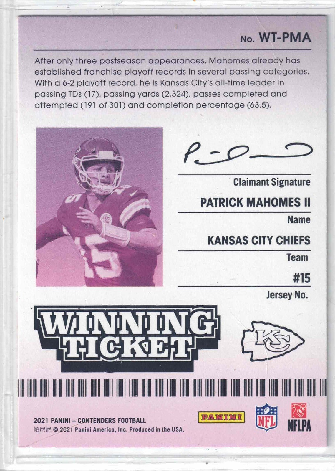 2021 Panini NFL Contenders PATRICK MAHOMES II WT-PMA Silver Winning Ticket Chief