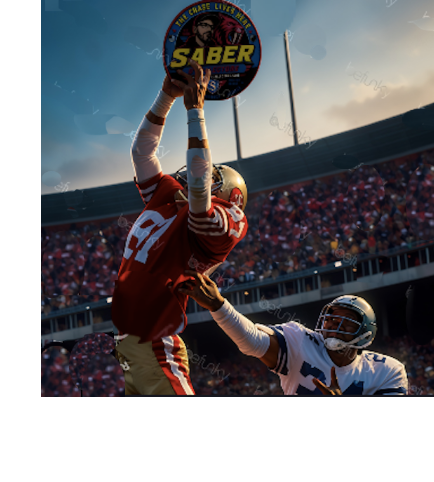 A football player in a red and gold uniform jumps to catch a round Saber logo disc, with another player in a white uniform reaching toward him in a stadium setting.