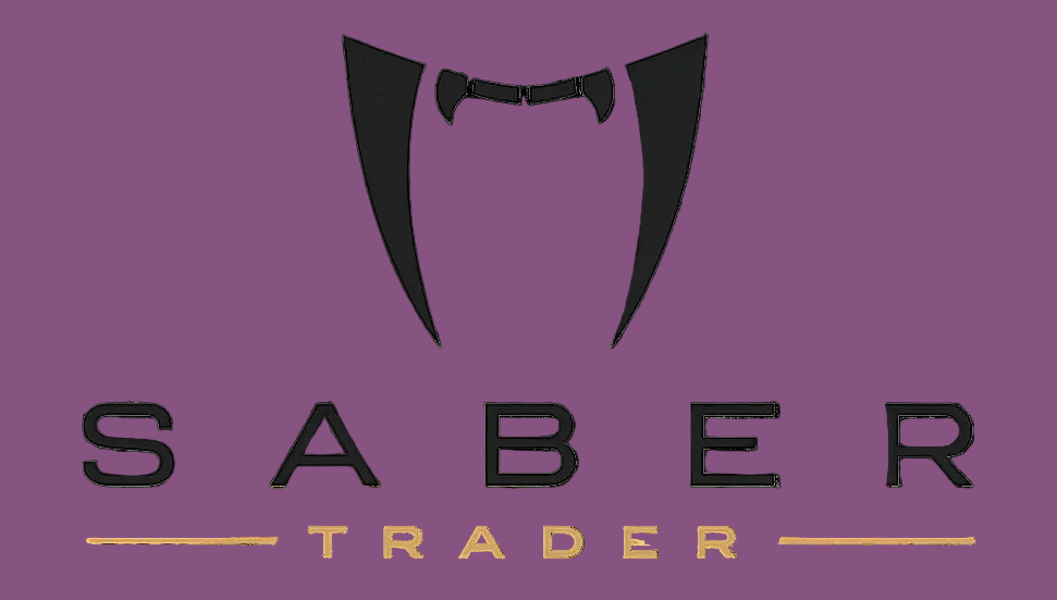 A digital logo for 'SABER TRADER' featuring a stylized black saber blade silhouette above the text, with 'SABER' in bold black letters and 'TRADER' in gold below on a white background.