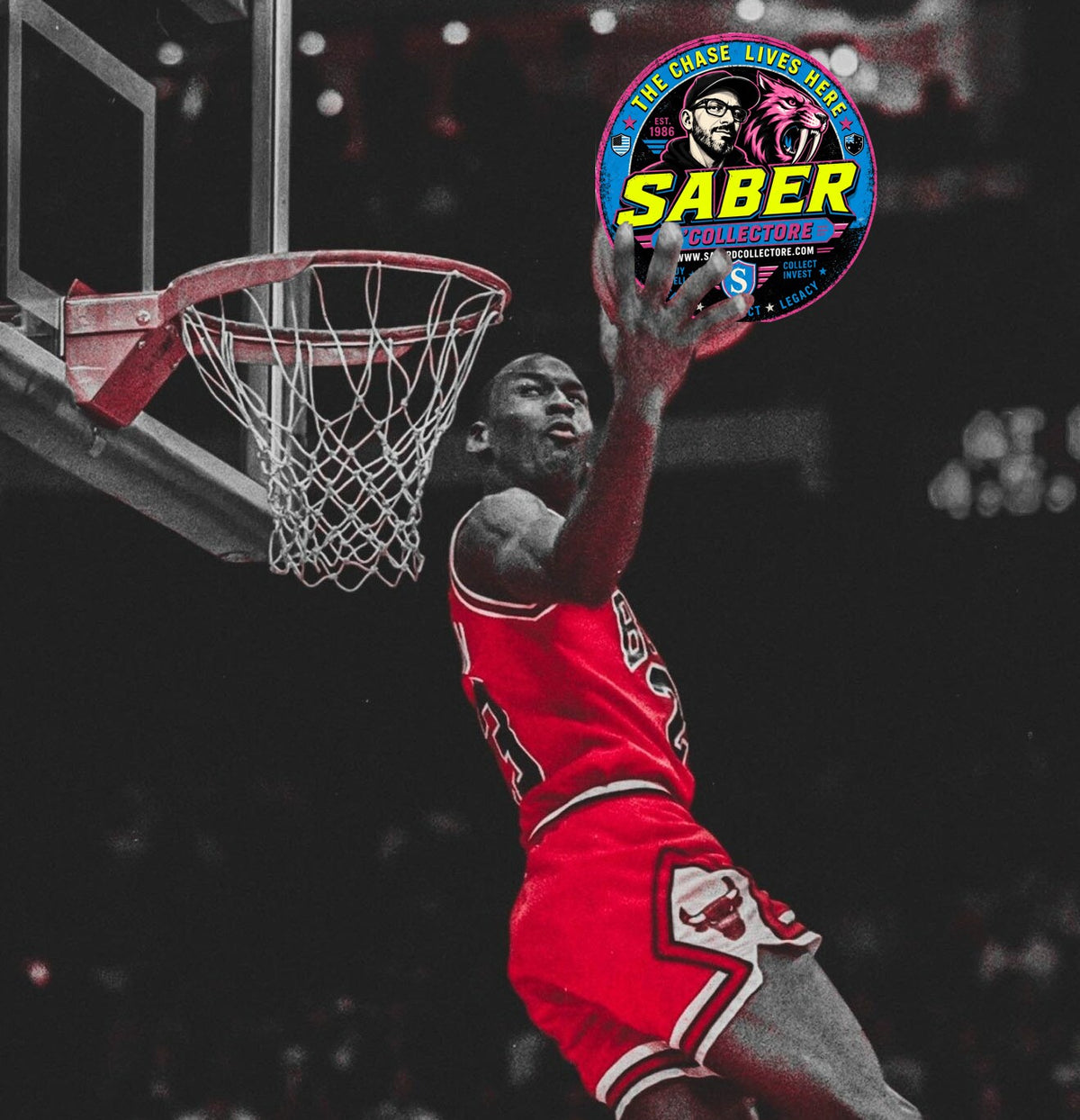 A basketball player in a red Chicago Bulls uniform jumps toward a hoop, with a circular colorful 'Saber' logo graphic overlaid near the top right. The scene is heavily stylized with a black-and-white background and dramatic lighting.