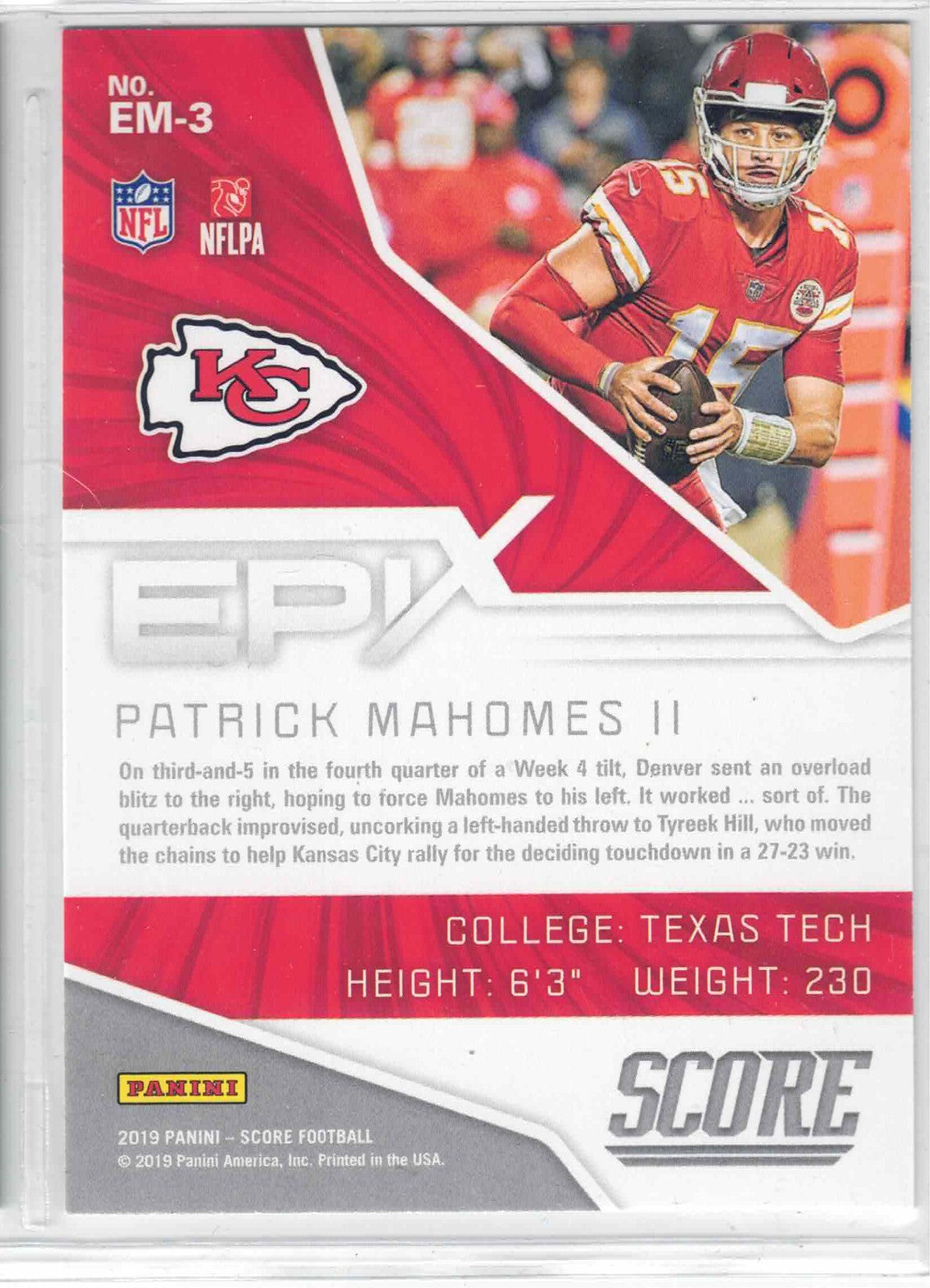 2019 Panini NFL Score PATRICK MAHOMES II #EM-3 [Epix Moment] Kansas City Chiefs