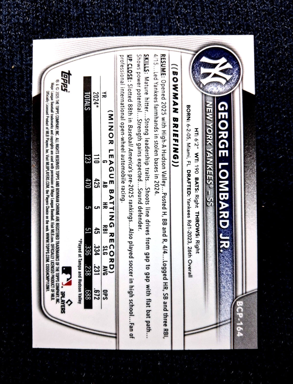 2025 Bowman MLB Chrome Prospects GEORGE LOMBARD JR #BCP-164 [Base] NY Yankees