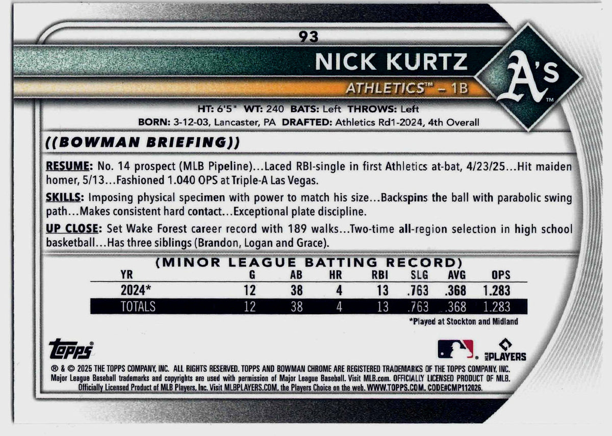 2025 Bowman MLB Chrome NICK KURTZ #93 [Base Rookie] Oakland A's (RC) Badge