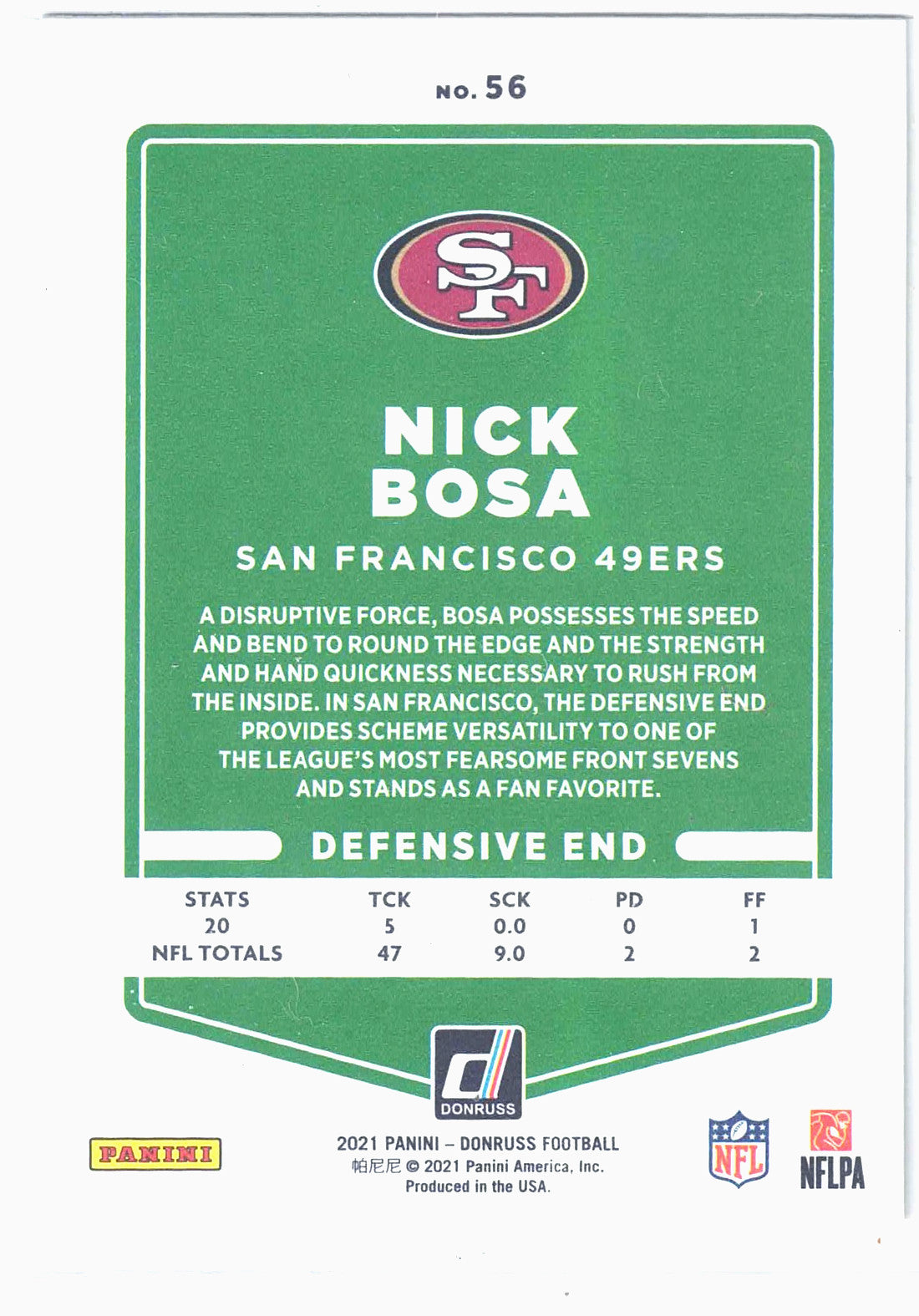 2021 Panini NFL Donruss NICK BOSA #56 [Press Proof Premium] San Francisco 49ers
