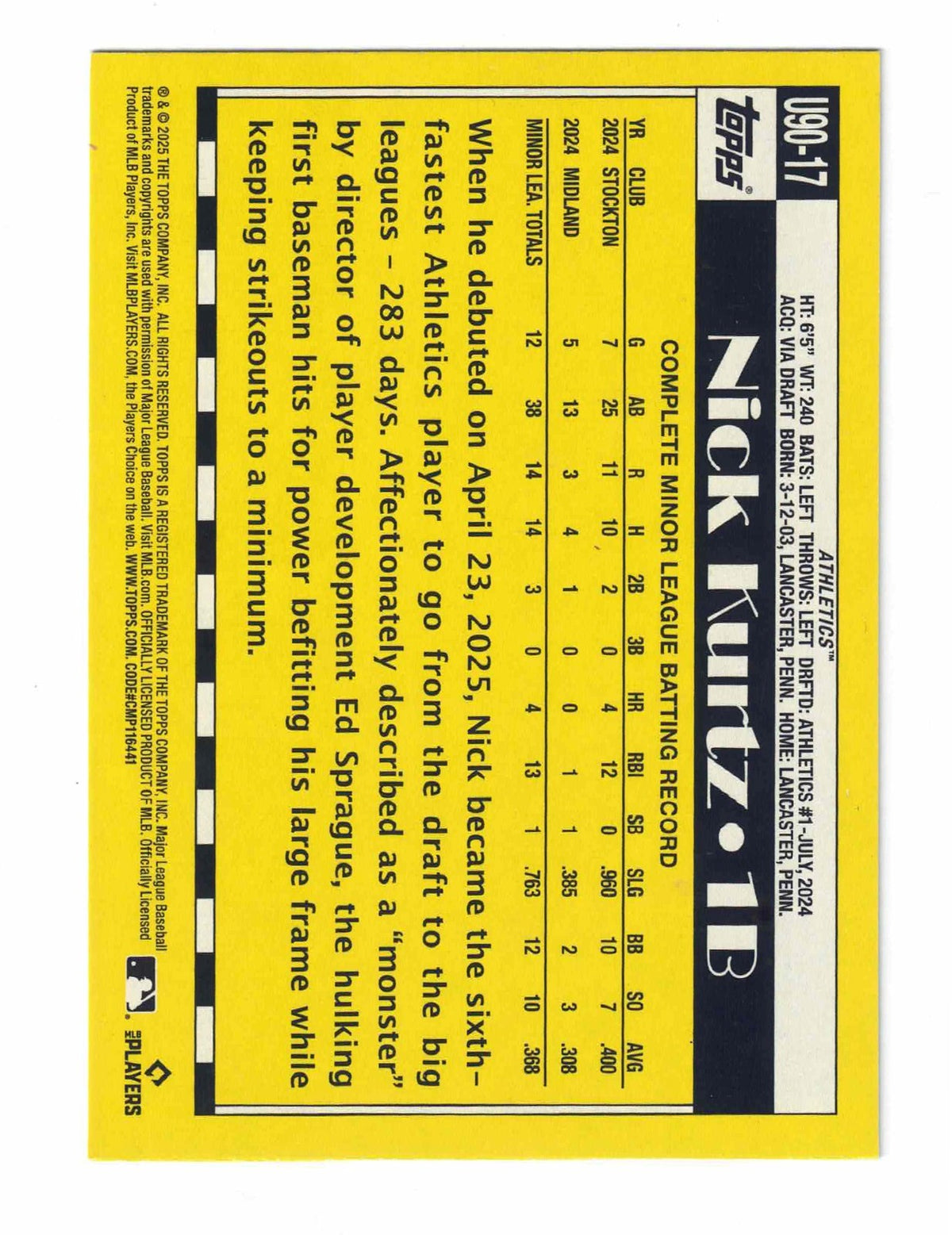 2025 Topps Update 1990 Redux NICK KURTZ #U90-17 [Rookie Badge] Base Set