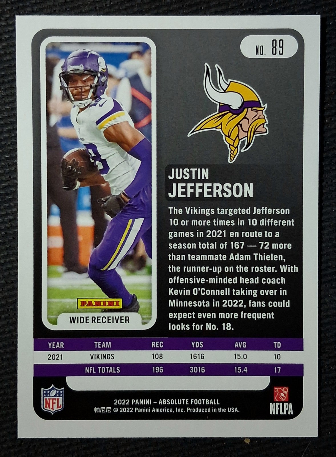 2022 Panini Absolute Justin Jefferson(WR) Minnesota Vikings Base Set #89