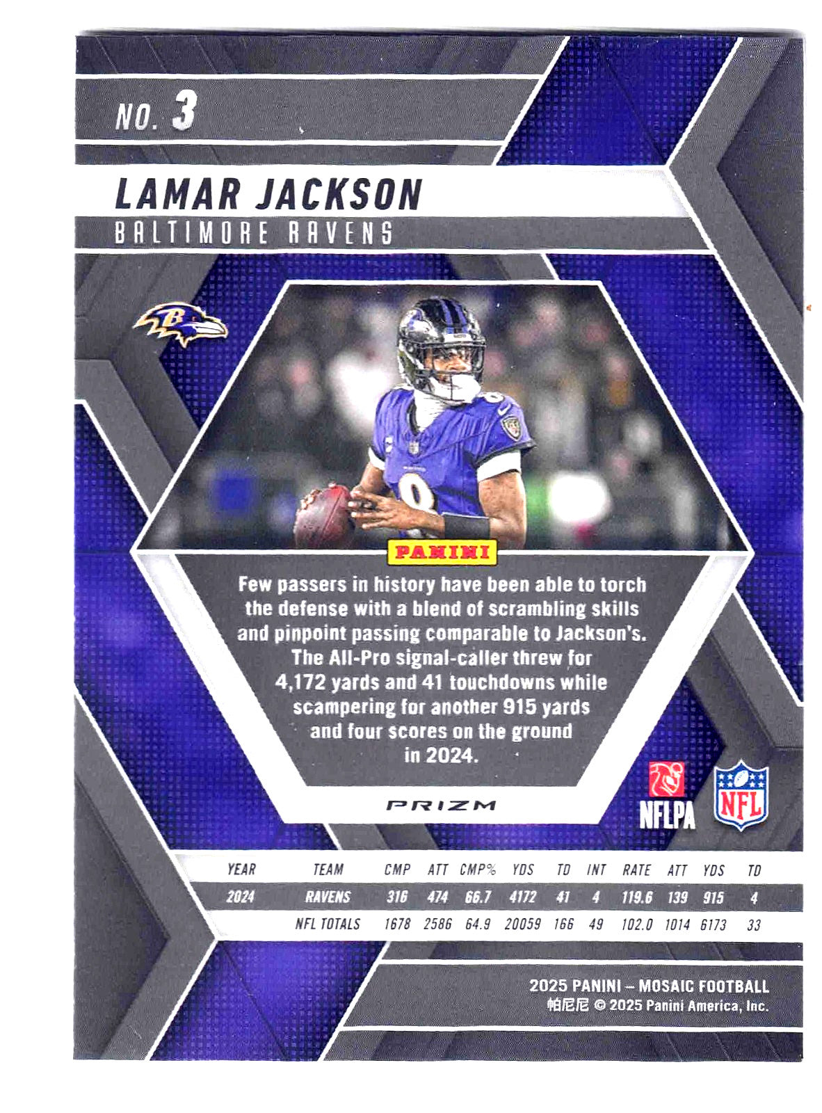 2025 Panini NFL Mosaic LAMAR JACKSON #3 [Purple Reactive] Baltimore Ravens