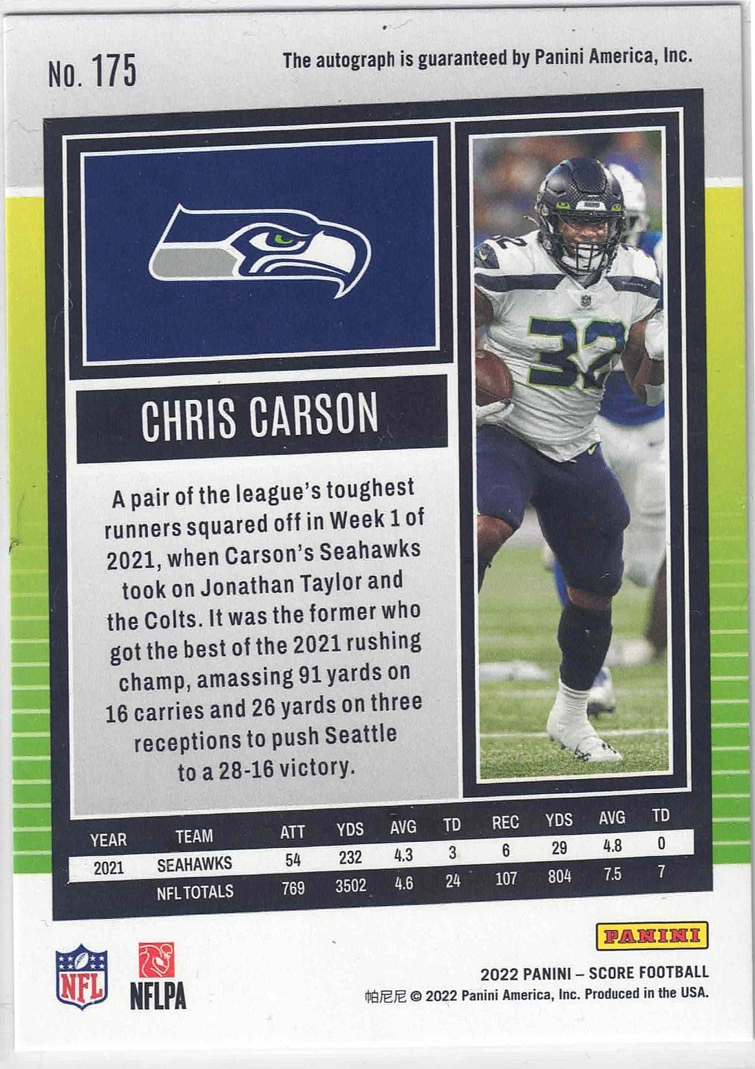 2022 Score NFL  CHRIS CARSON #175 [Gold Zone] Autograph 44/50 Seattle Seahawks