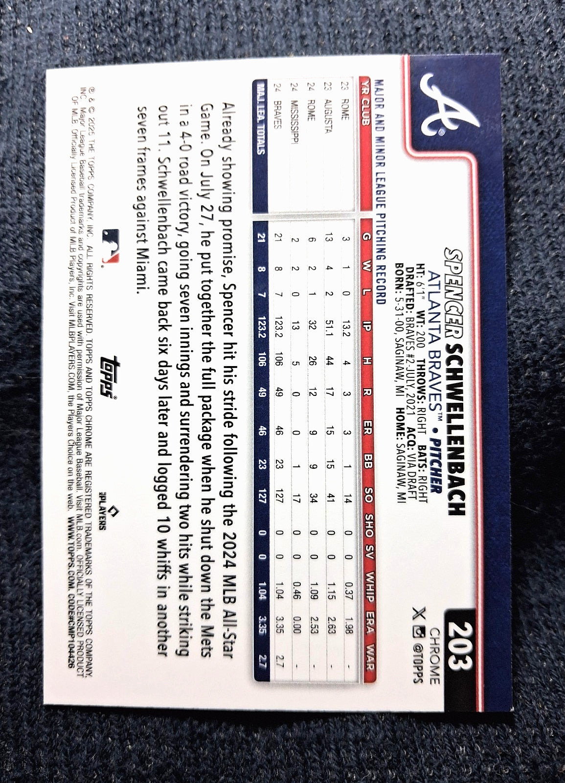 2025 Topps MLB Chrome SPENCER SCHWELLENBACH #203 [Base chrome]Atlanta Braves(RC)