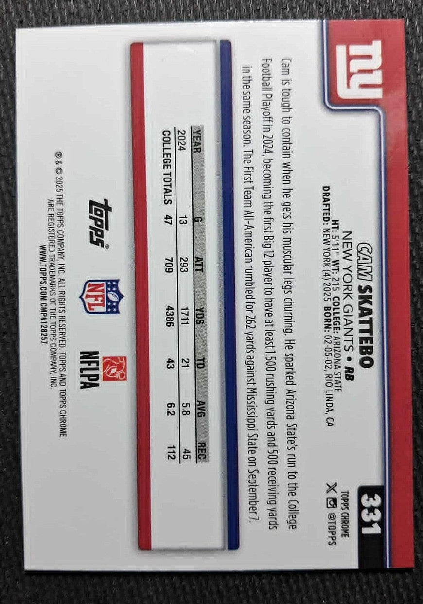 2025 Topps Chrome Base Rookie #331 Cam Skattebo Red, White & Blue Refractor (RC)