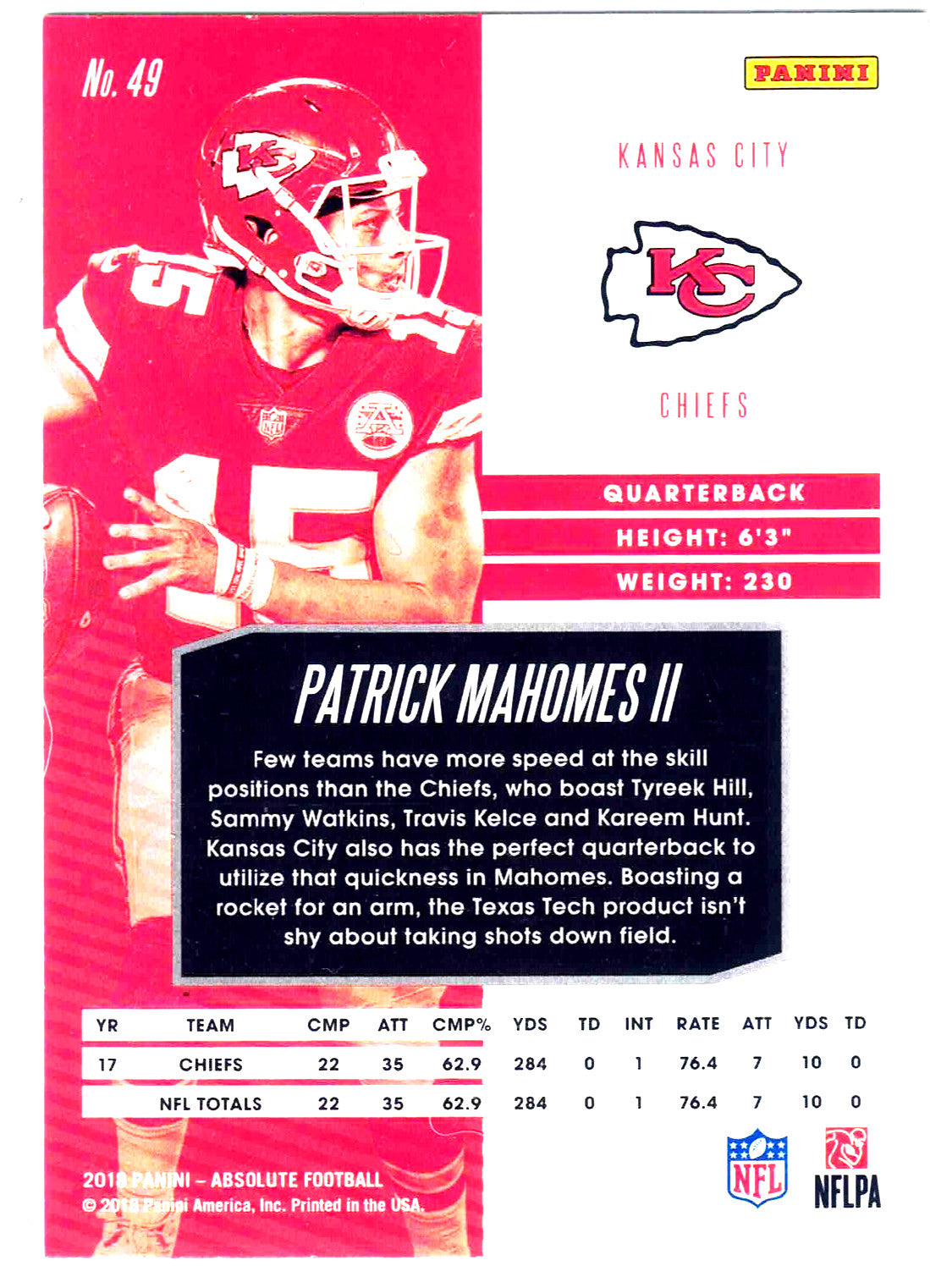 2018 Panini NFL Absolute PATRICK MAHOMES II #49[Gold Spectrum]Kansas City Chiefs