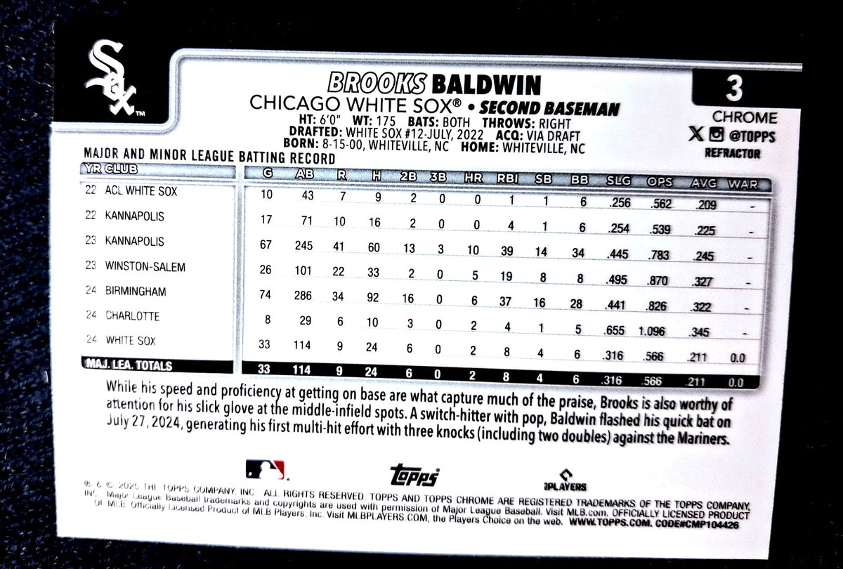 2025 Topps MLB Chrome BROOK BALDWIN #3 [Halo] Chicago White Sox (RC)