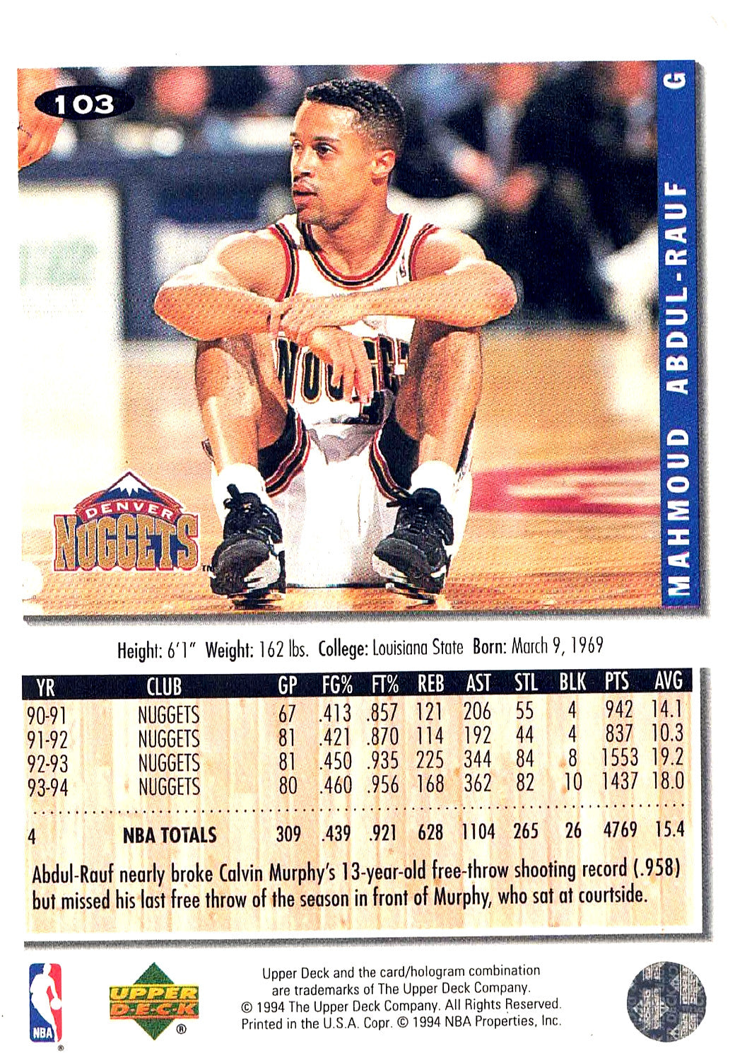 1994-95 Upper Deck NBA Collector's Choice MAHMOUD ABDUL-RAUF #103 Denver Nuggets