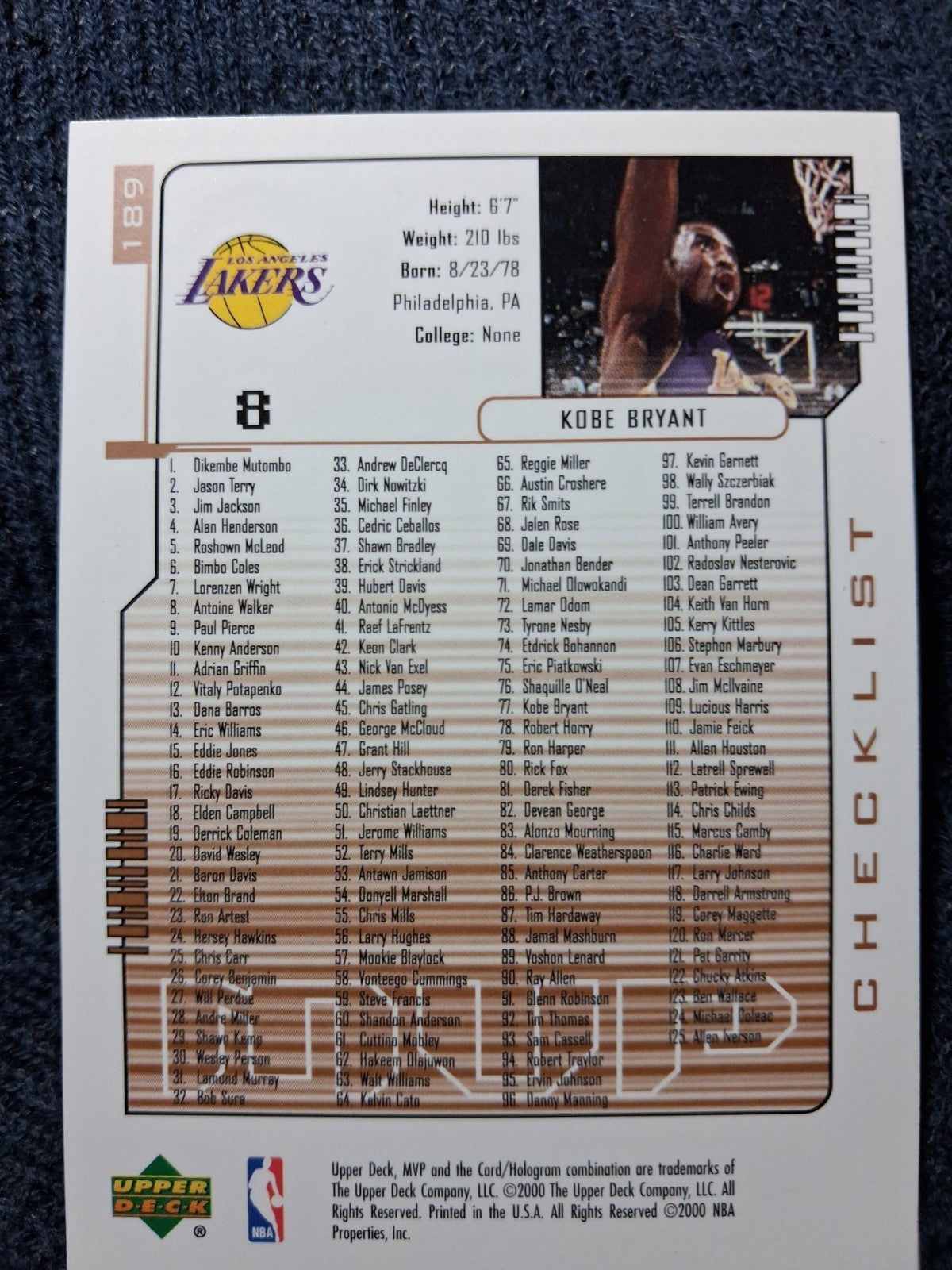 2000-01 Upper Deck Basketball KOBE BRYANT #189 MVP Checklist Los Angeles Lakers