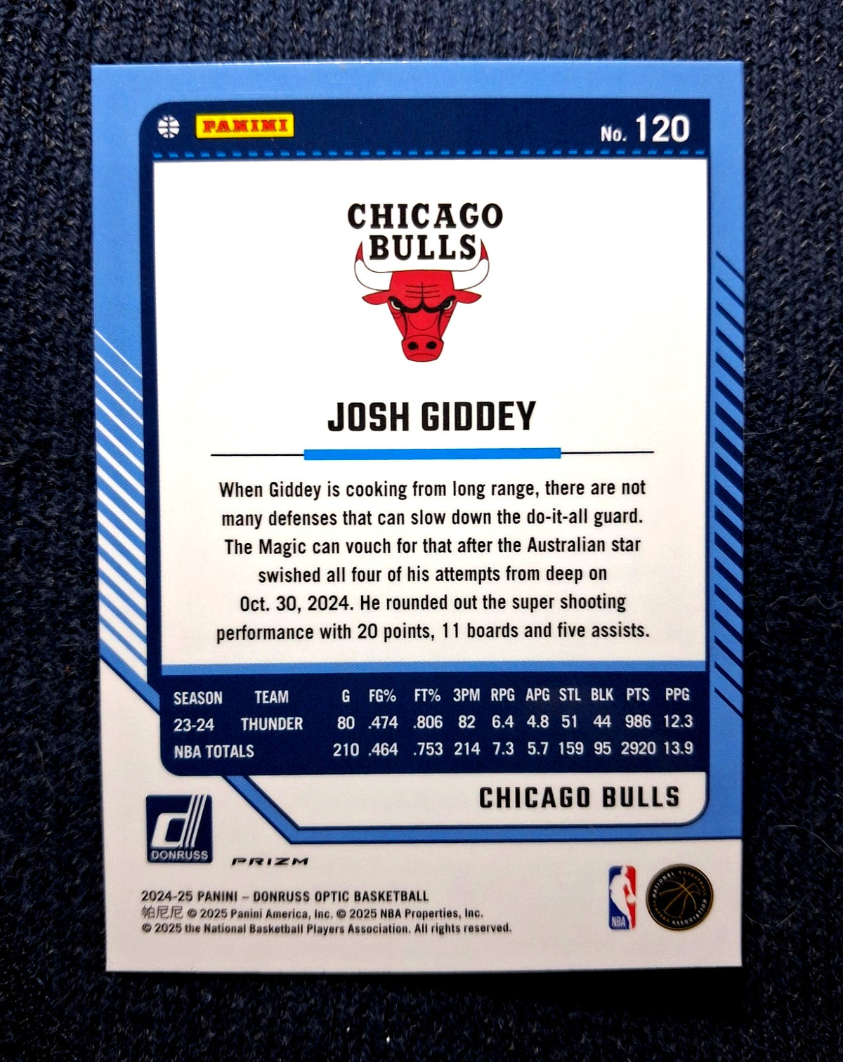 2024-25 Donruss Optic NBA JOSH GIDDEY #120 [Green Seismic] Chicago Bulls