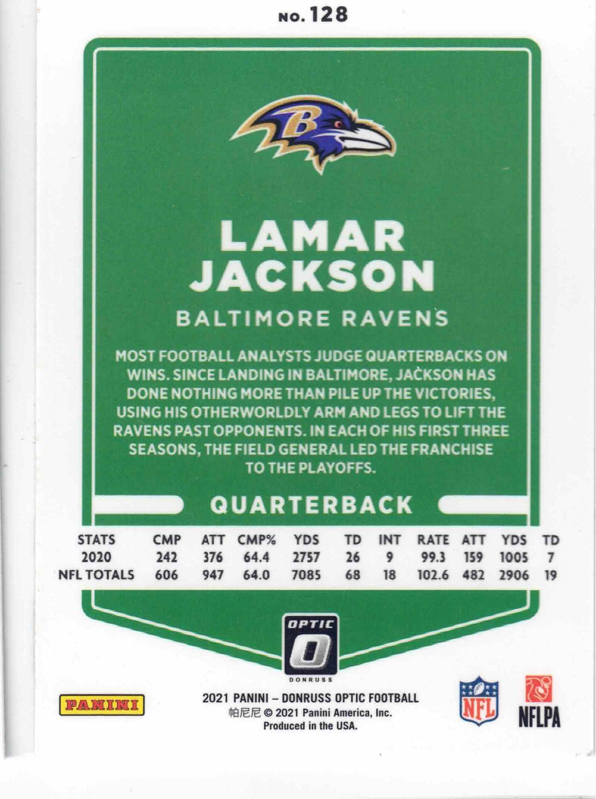 2021 Panini Donruss Optic LAMAR JACKSON #128 [Base] Baltimore Ravens