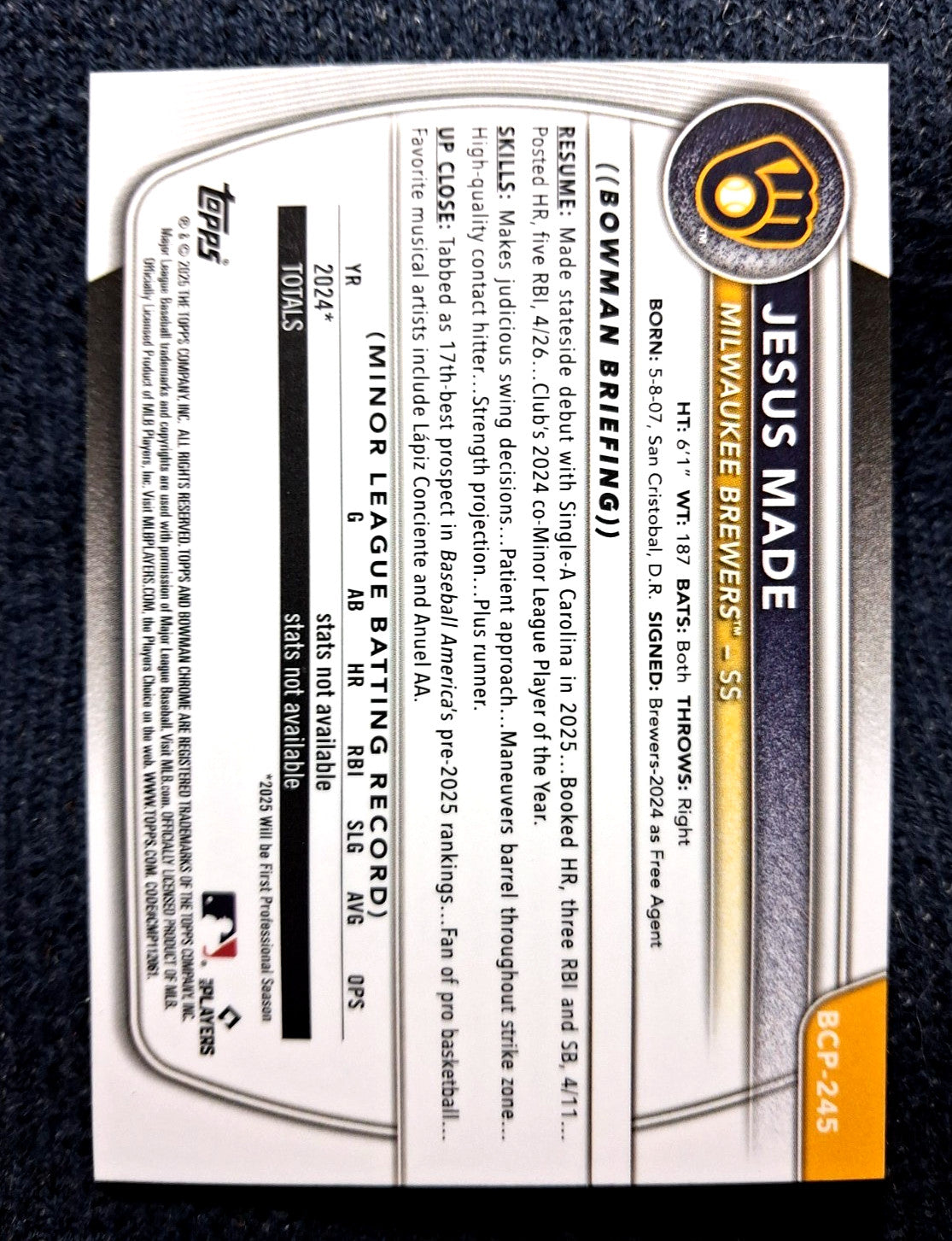 2025 Bowman Chrome Baseball Prospects Jesus Made Brewers BCP-245 (RC)