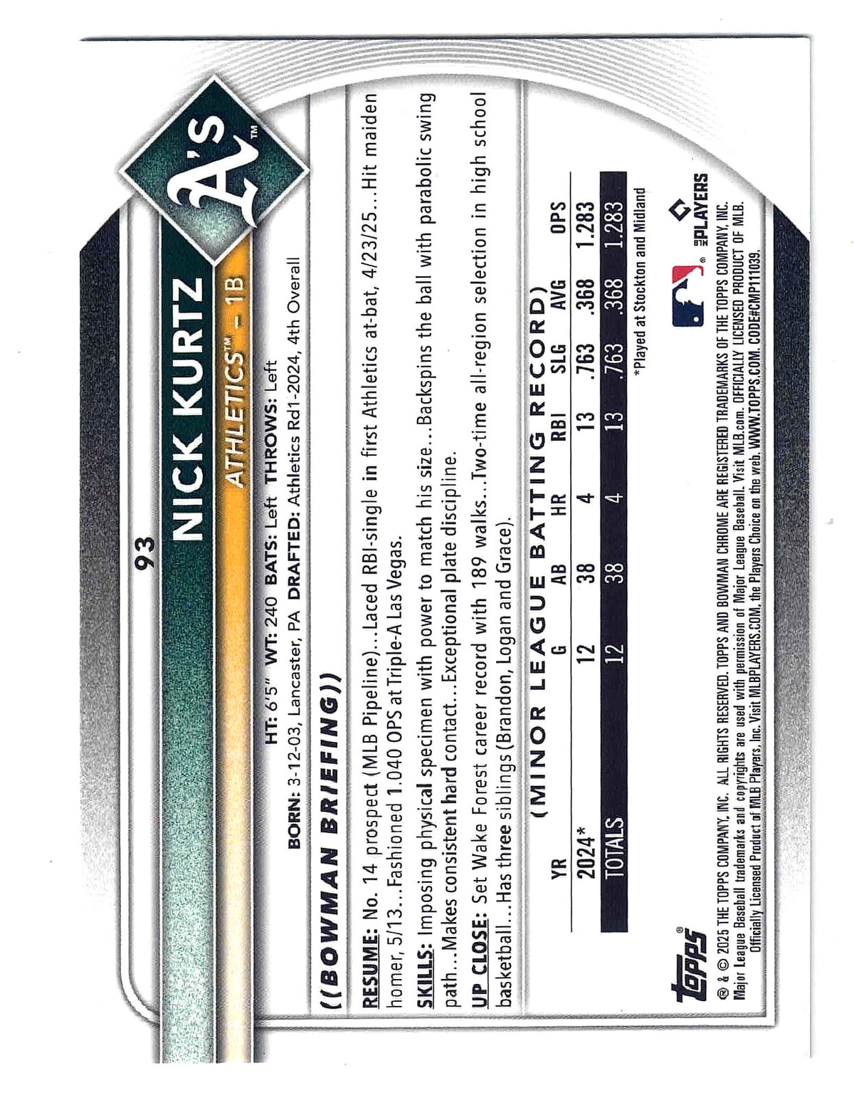 2025 Bowman Baseball Mega Box NICK KURTZ #93 Green Mojo Chrome Refractor(RC) /99