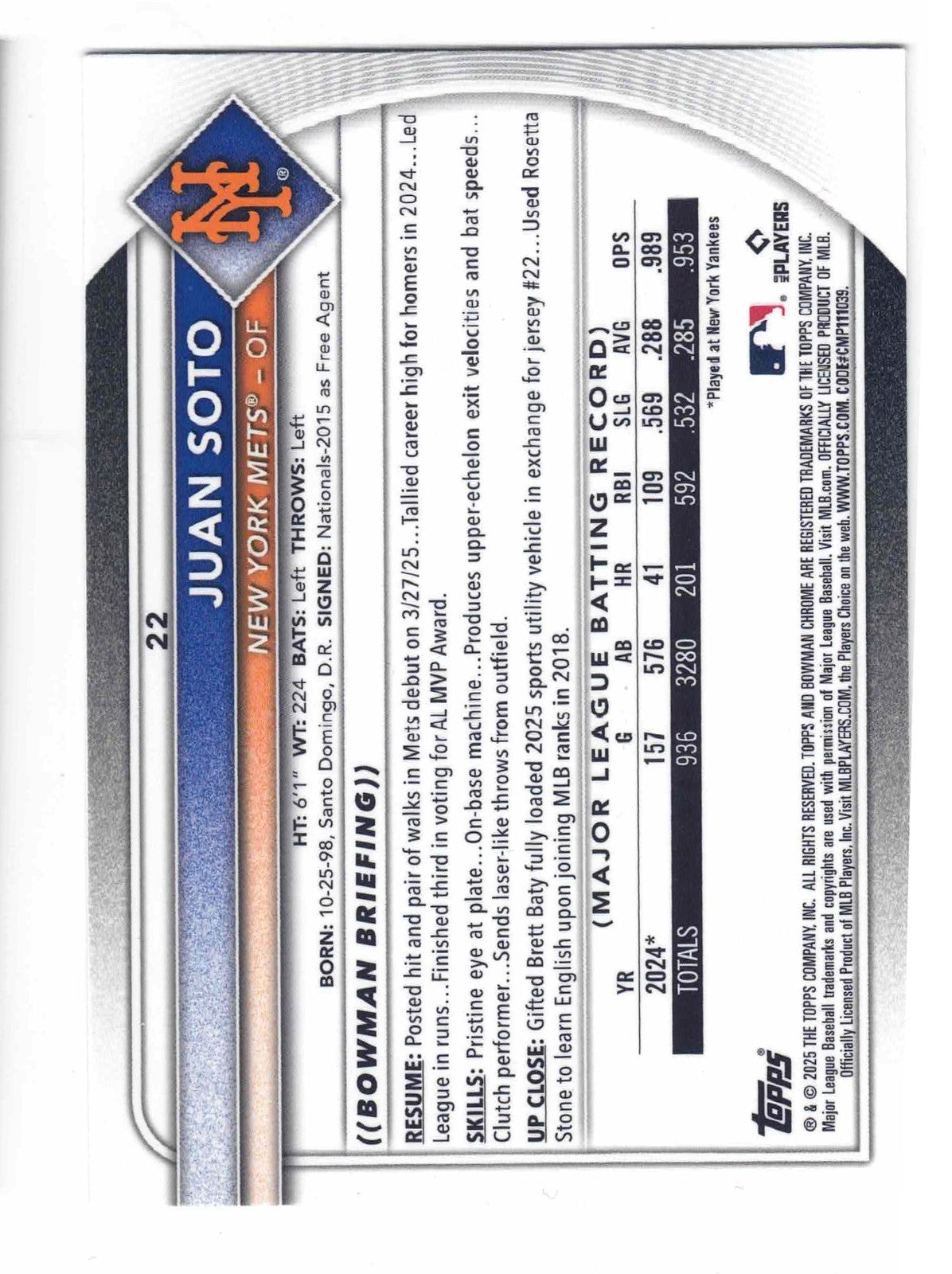 2025 Bowman Baseball Chrome JUAN SOTO #22 Mega Box [Mojo Refractor]New York Mets