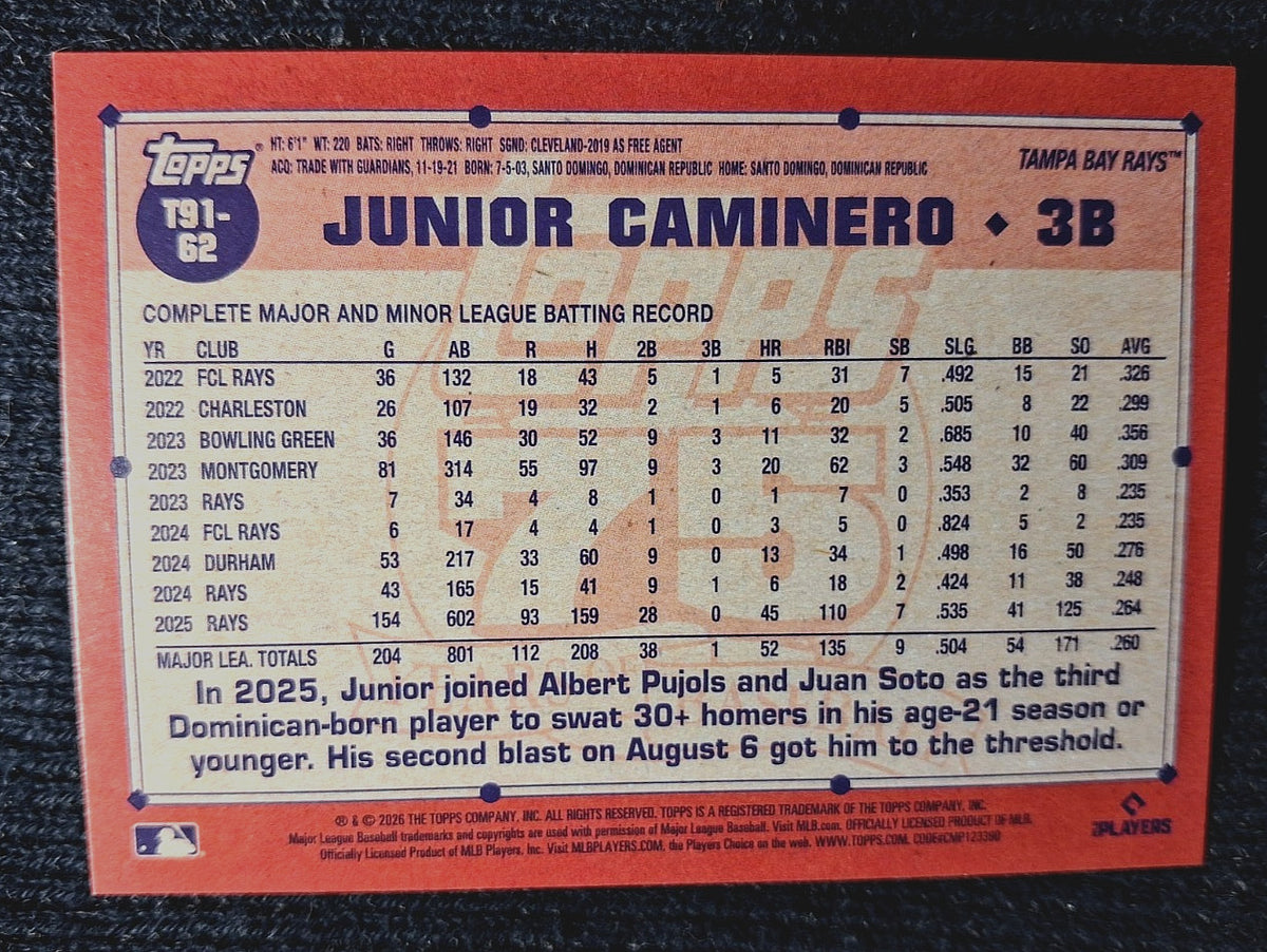 2026 Topps Baseball Series 1 JUNIOR CAMINERO #T91-62 [1991 Topps] Tampa Bay Rays