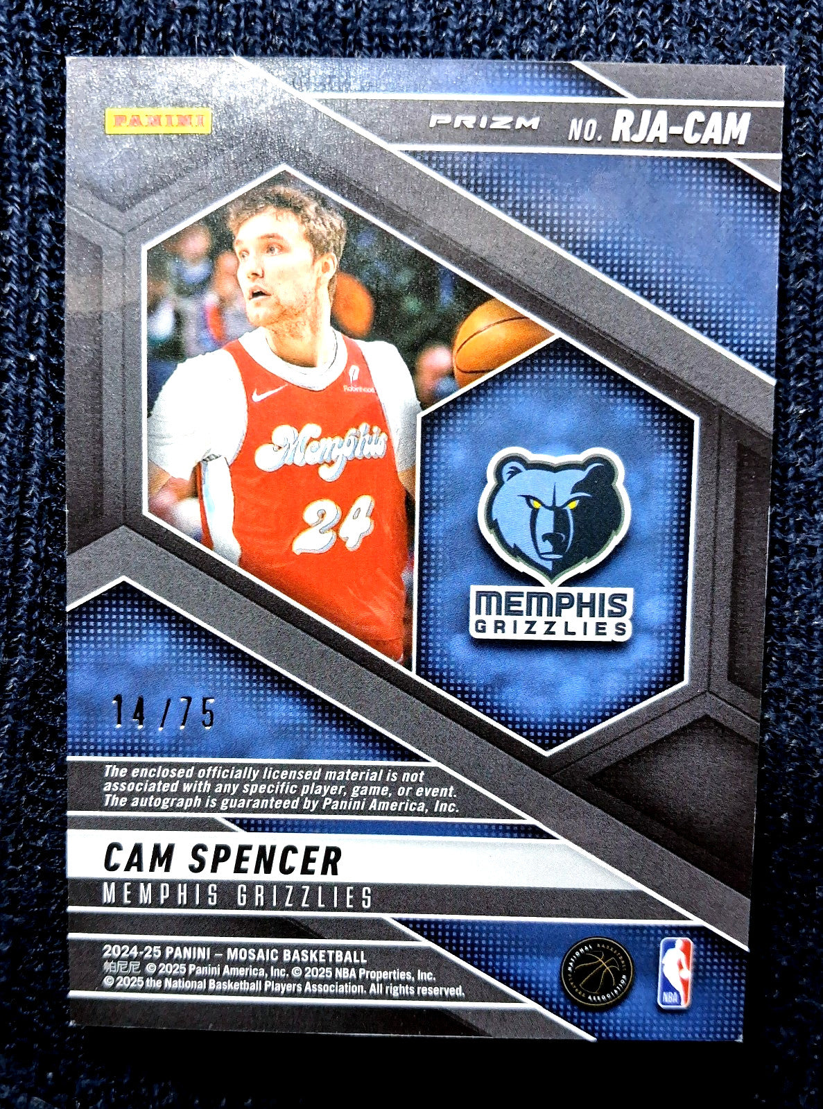 2024-25 Panini Mosaic Bronze #RJA-CAM Cam Spencer /75 Jersey Patch Auto (RC)
