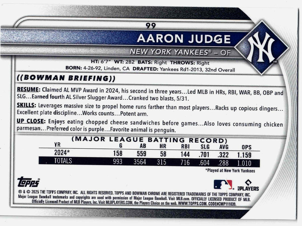 2025 Bowman Chrome Baseball AARON JUDGE #99 [Mojo Refractor] New York Yankees
