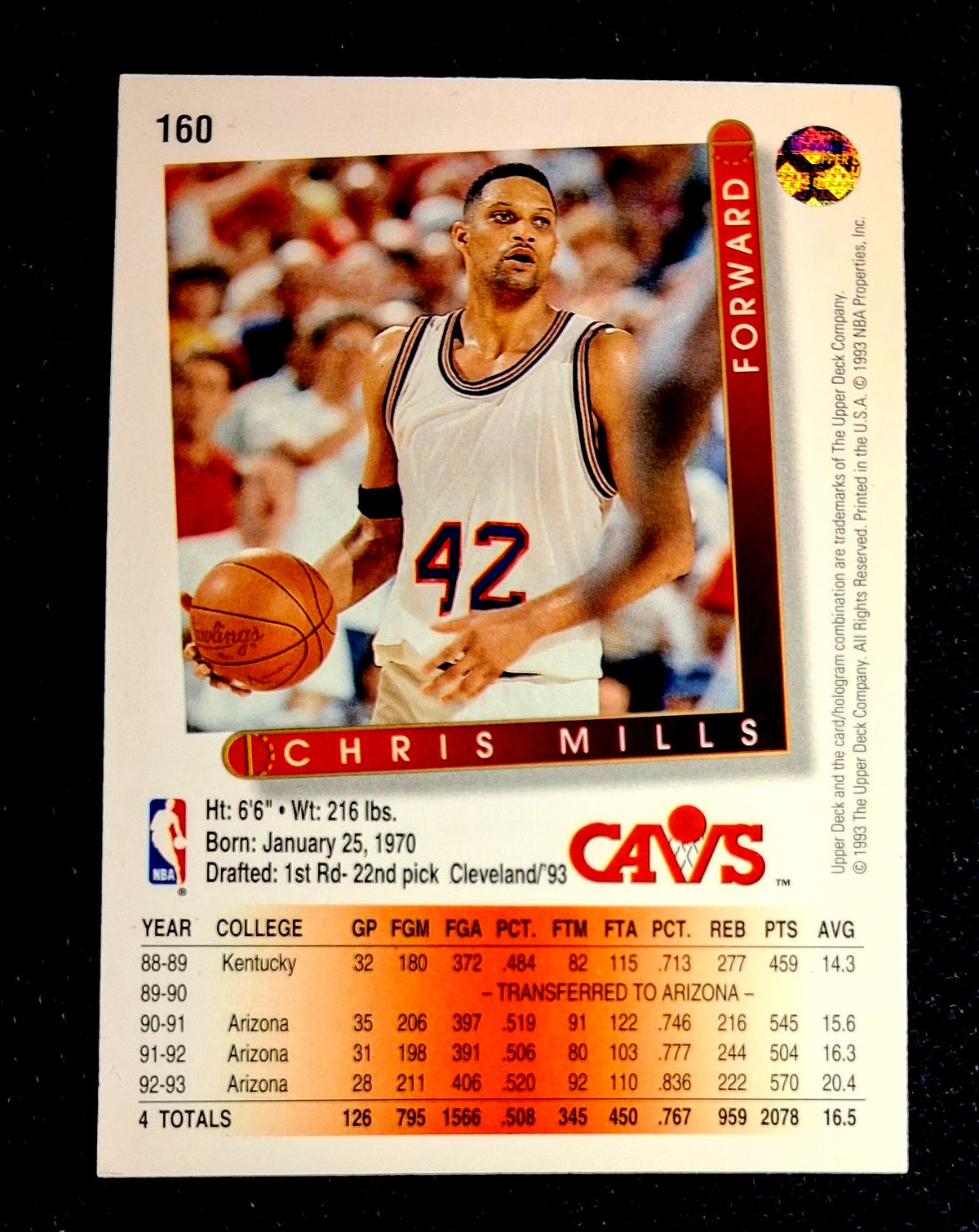 1993-94 Upper Deck NBA Basketball Chris Mills Cleveland Cavaliers #160 Rookie