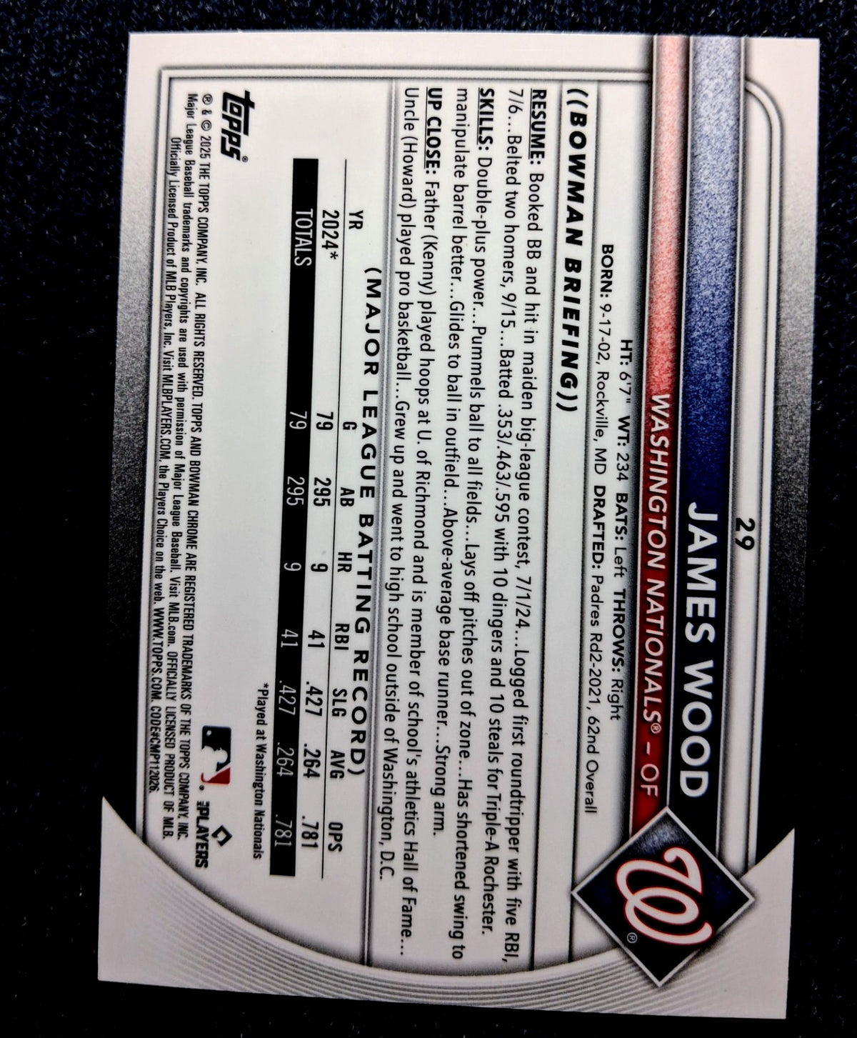 2025 Bowman Chrome Baseball James Wood (RC) #29 Washington Nationals