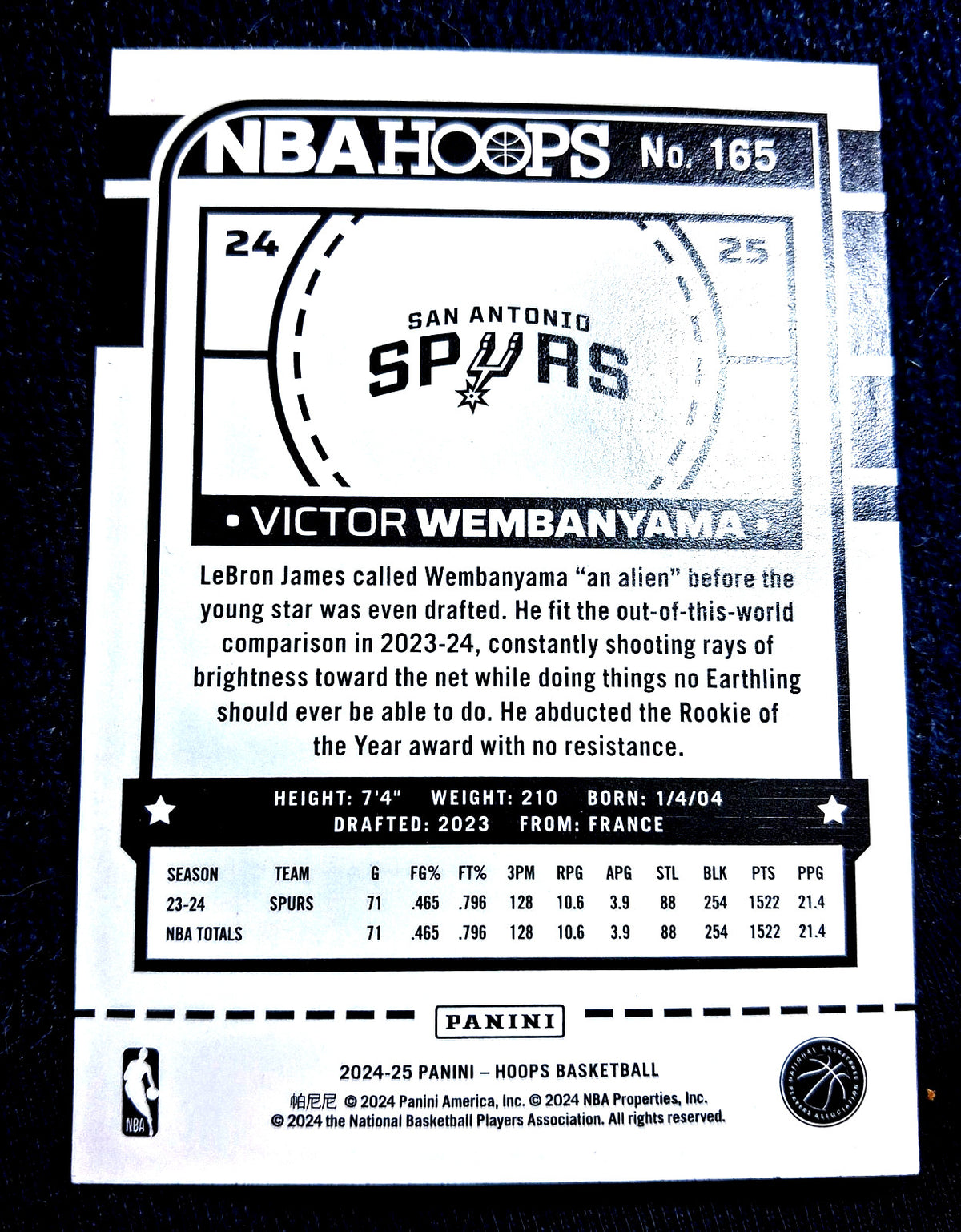 2024-25 Panini NBA Hoops Victor Wembanyama #165 San Antonio Spurs