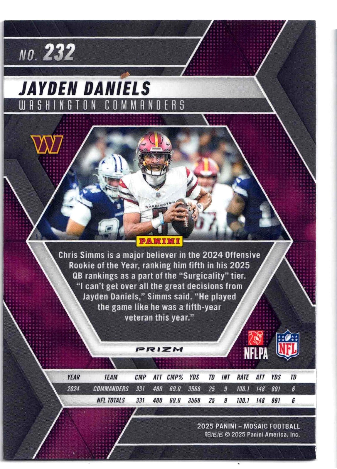 2025 Panini NFL Mosaic JAYDEN DANIELS #232[Reactive Purple]Washington Commanders