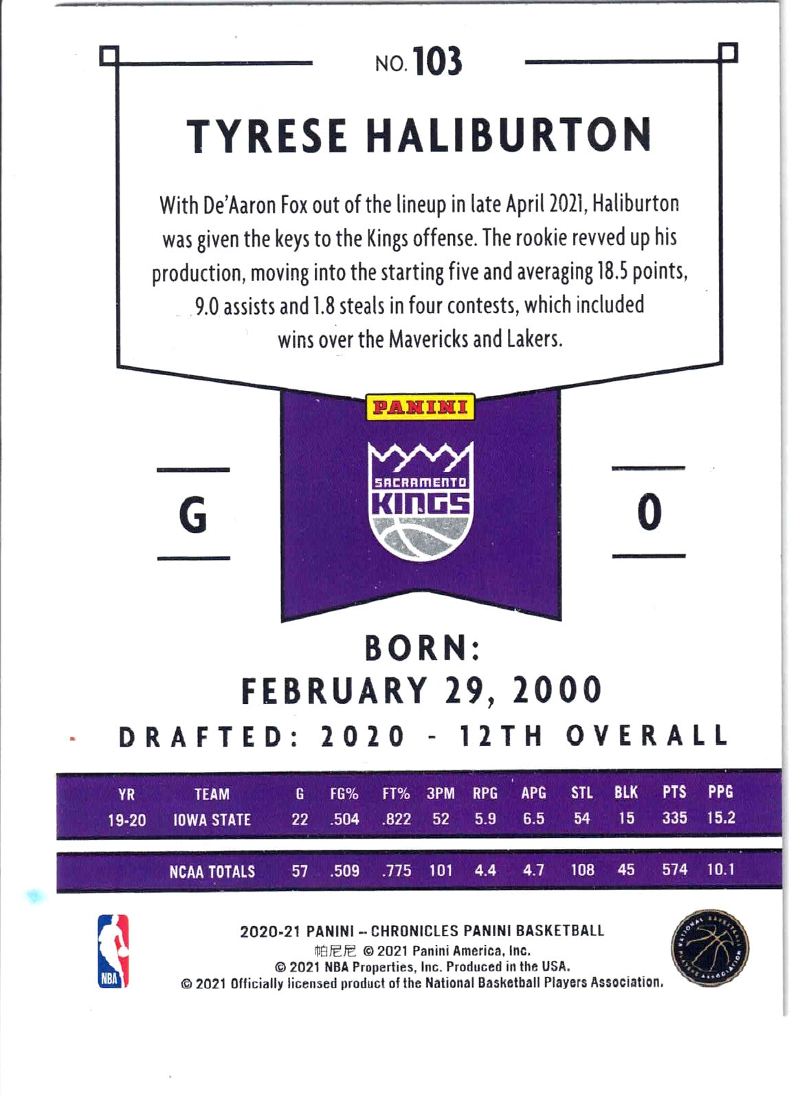 2020 Panini NBA Chronicles TYRESE HALIBURTON #103 [Rookie] Sacramento Kings (RC)