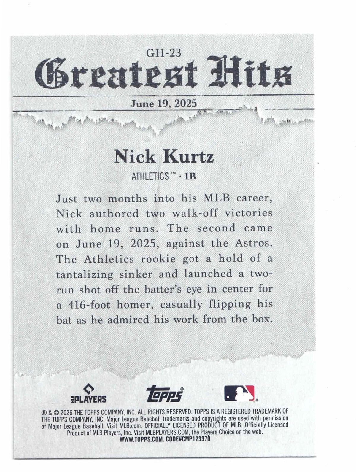 2026 Topps Series 1 NICK KURTZ #GH-23 [2025 Greatest Hits] Oakland Athletics
