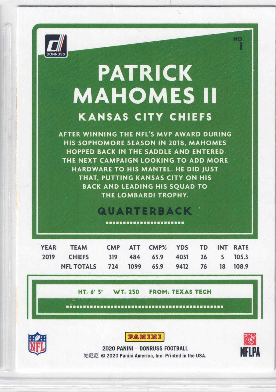 2020 Panini NFL Donruss PATRICK MAHOMES II #1 [Base] Kansas City Chiefs
