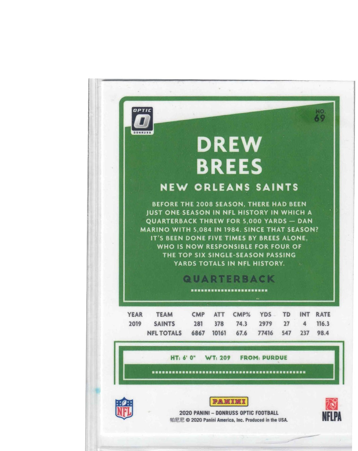 2020 Donruss NFL Optic DREW BREES #69 [Holo Prizm] New Orleans Saints