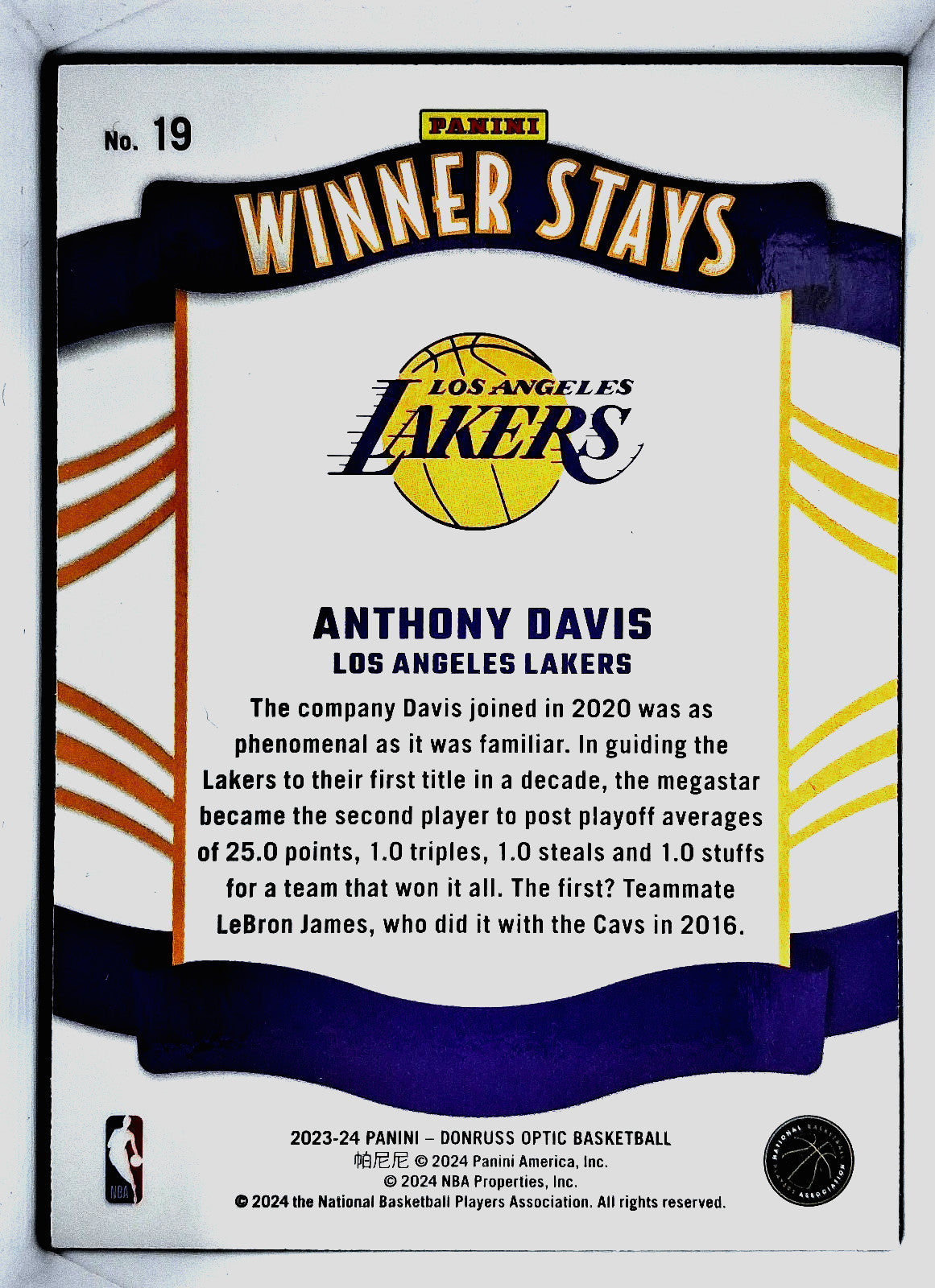 2023-24 Panini Donruss Optic ANTHONY DAVIS #19 [Winner Stays]Los Angeles Lakers