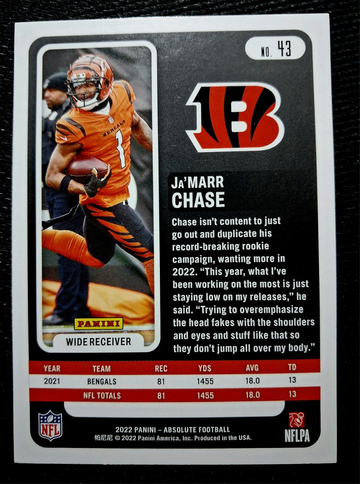 2022 Panini Absolute Ja'Marr Chase(WR) Cincinnati Bengals Base Set #43