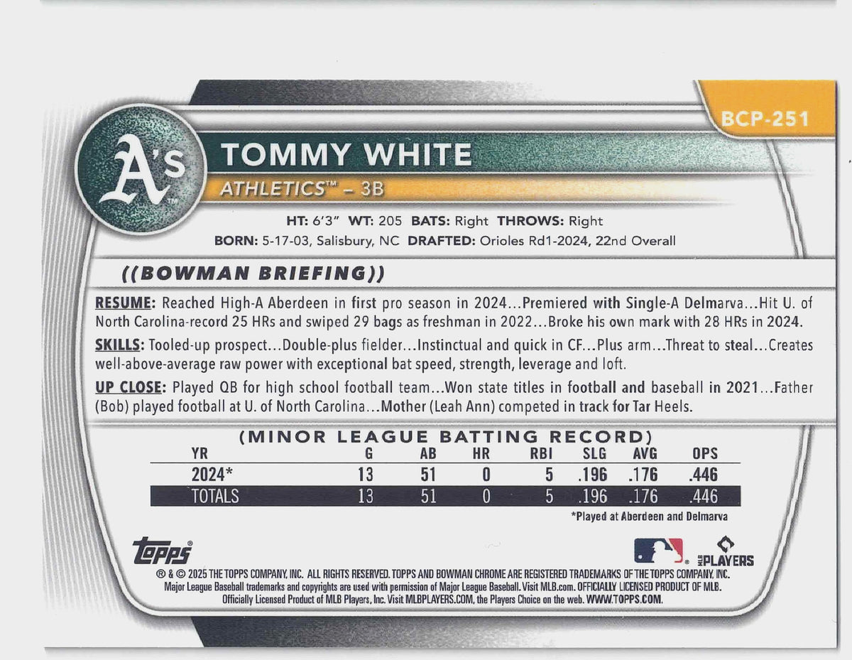 2025 Bowman MLB Chrome TOMMY WHITE #BCP 251 [Purple Mojo Refractor] Oakland A's