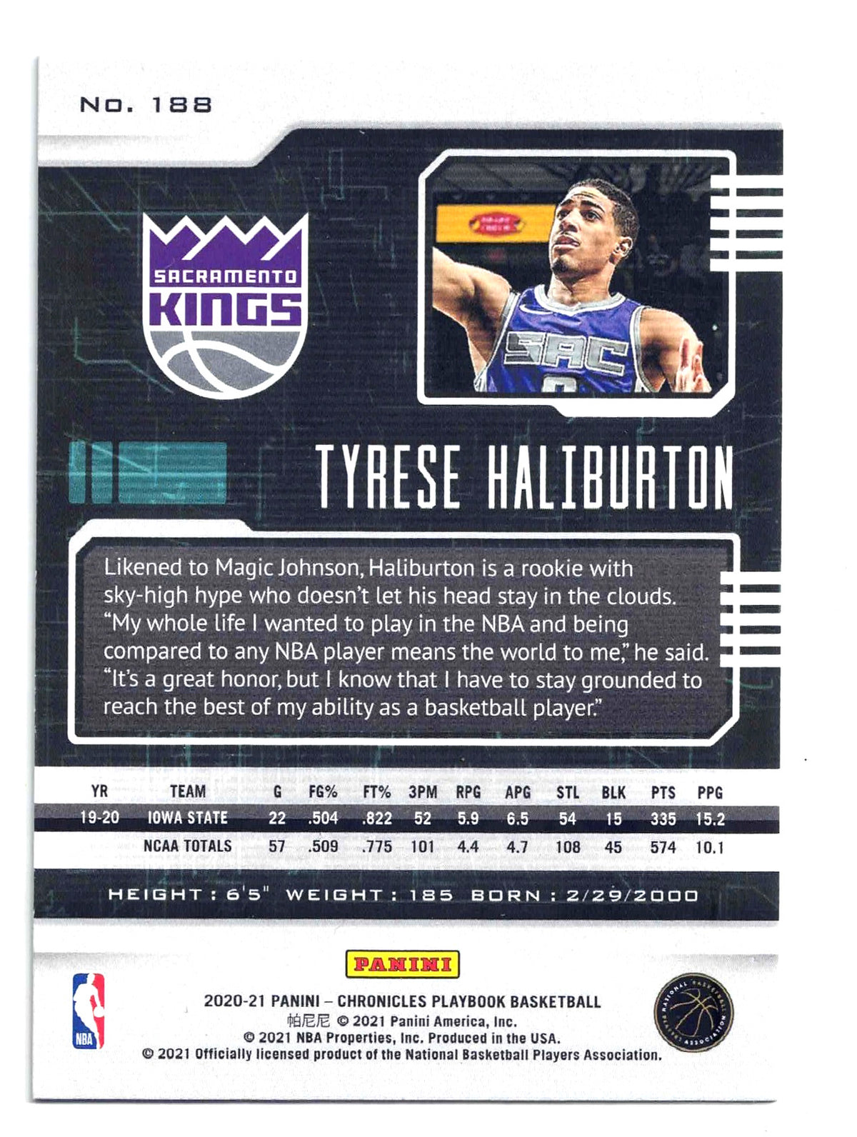 2020-21 Panini Chronicle Playbook TYRESE HALIBURTON #188 Rookie Sacramento Kings