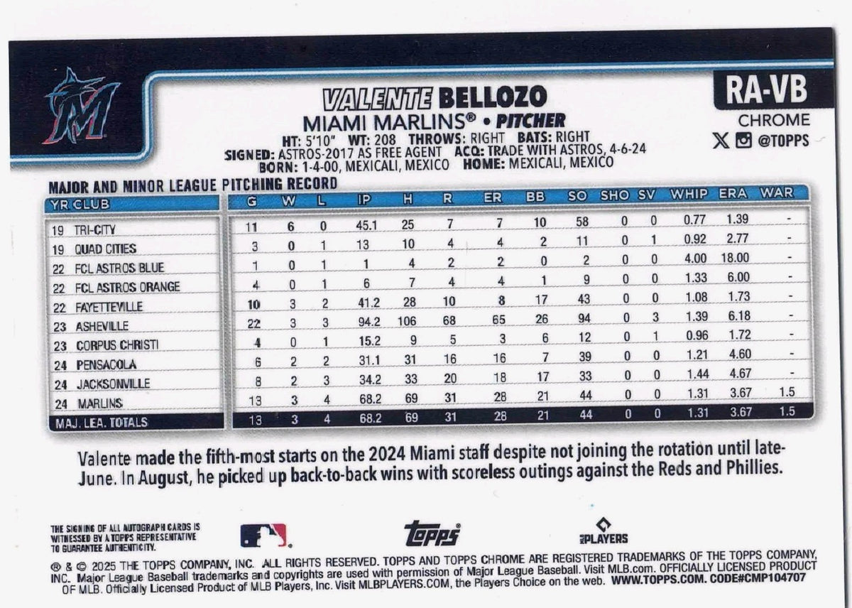 2024 Topps MLB Chrome VALENTE BELLOZO #RA-VB [Rookie Auto] Miami Marlins