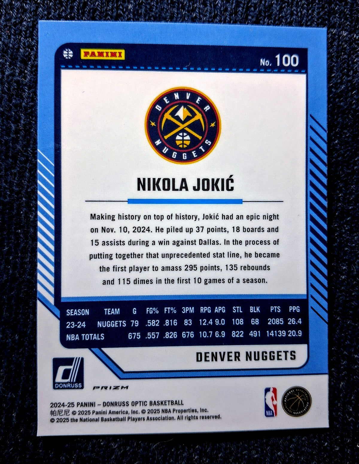 2024-25 Panini Donruss Optic NIKOLA JOKIC #100 [Purple Prizm] Denver Nuggets