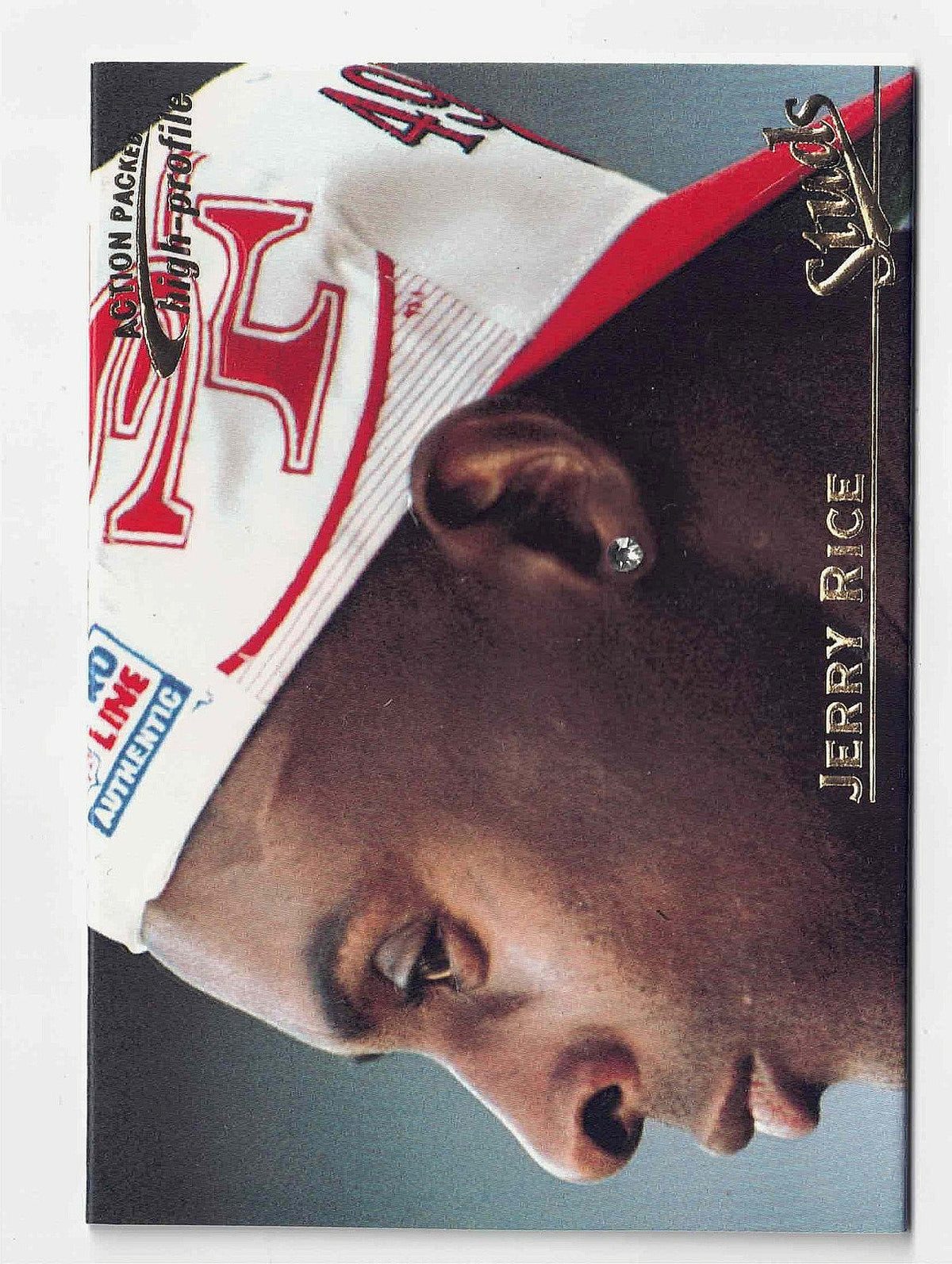 A collectible sports trading card featuring a close-up profile of Jerry Rice wearing a white and red Houston Texans cap. The card has a dark gray border with 'JERRY RICE' printed at the bottom and a 'Studs' logo.