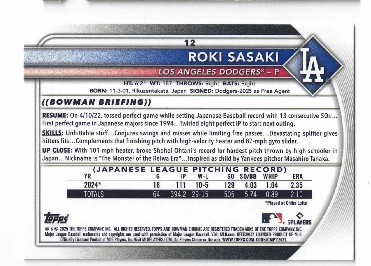 2025 Bowman MLB Chrome ROKI SASAKI #12 [Refractor Red Rookie Badge] L.A. Dodgers