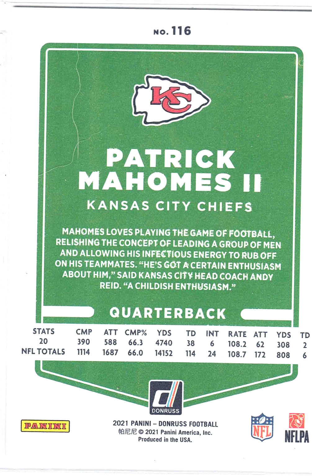 2021 Panini NFL Donruss PATRICK MAHOMES II #116 [Press Proof Premium] KC Chiefs