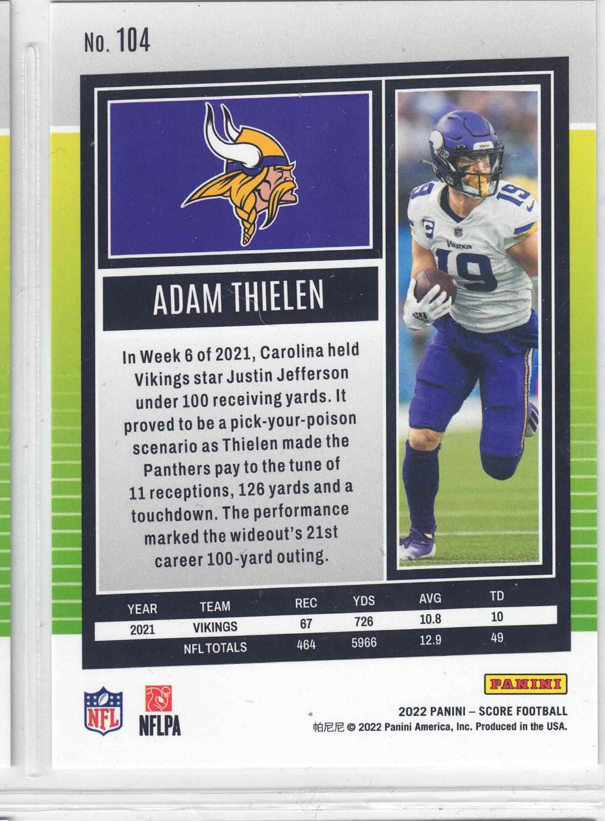 2022 Score #104 ADAM THIELEN 40/50 Gold Zone Card Vikings