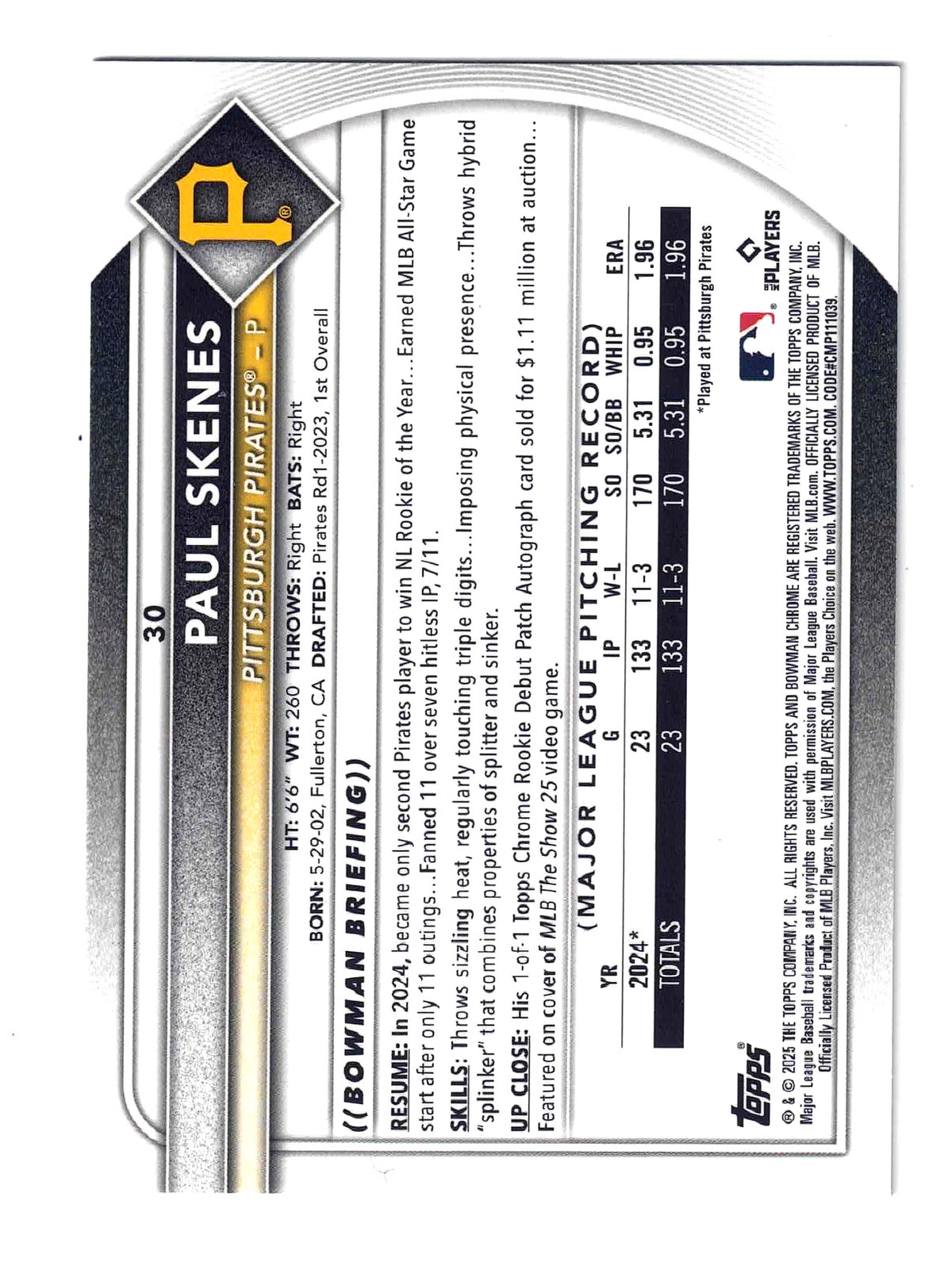 2025 Bowman Chrome Mega Box PAUL SKENES #30 [Mojo Refractor Aqua] /299 Pirates
