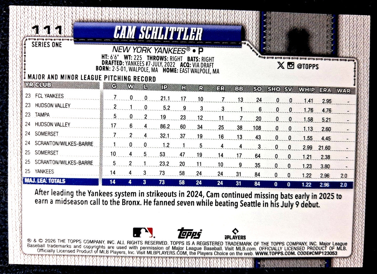 2026 Topps Baseball Series 1 CAM SCHLITTLER #111 [Base Rookie] New York Yankees