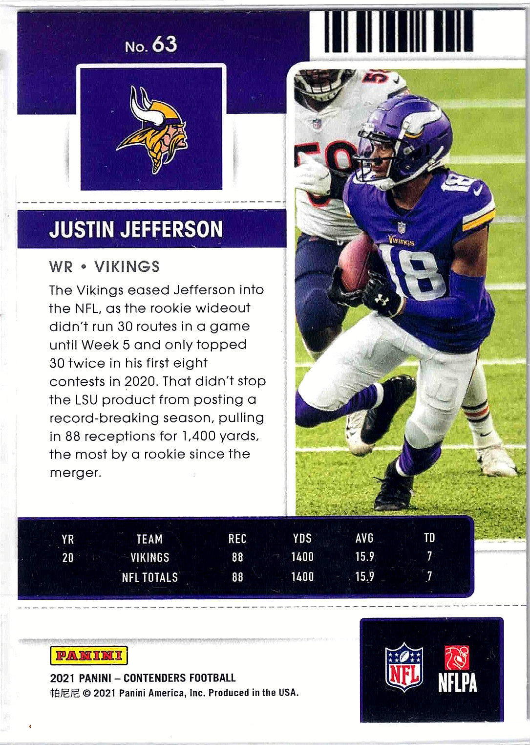 2021 Panini NFL Contenders JUSTIN JEFFERSON #63 [Season Ticket]Minnesota Vikings