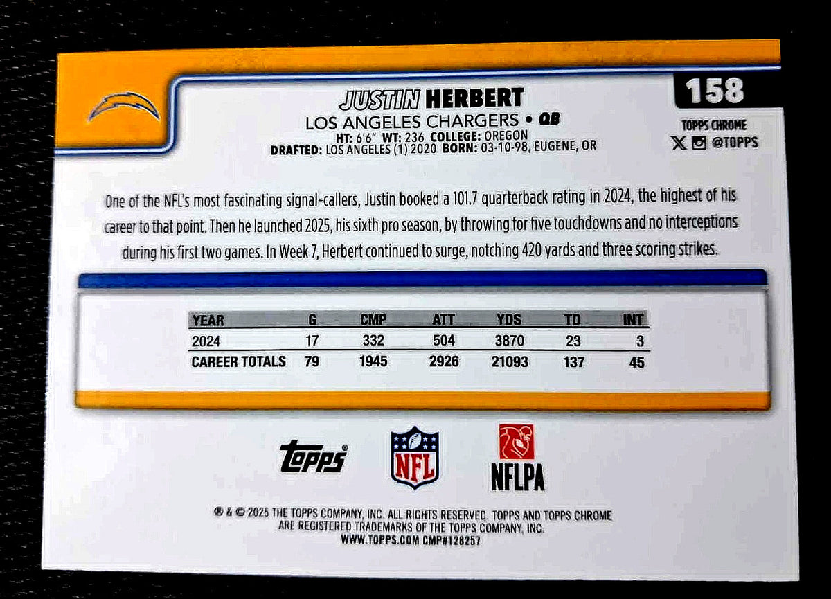 2025 Topps Chrome Football JUSTIN HERBERT #158 [Base Set] Los Angeles Chargers