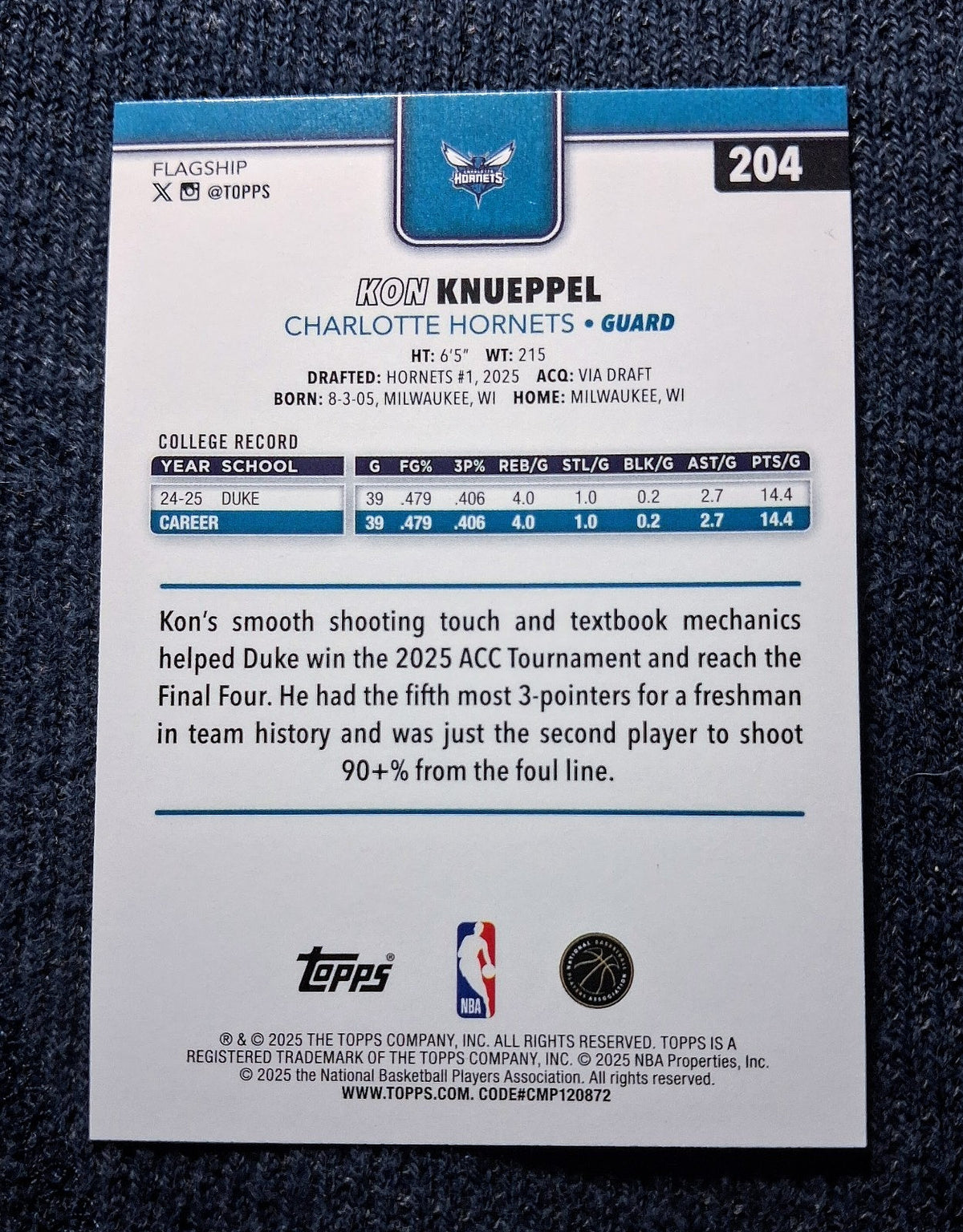 2025-26 Topps Basketball #204 KON KNUEPPEL Rookie Badge Charlotte Hornets