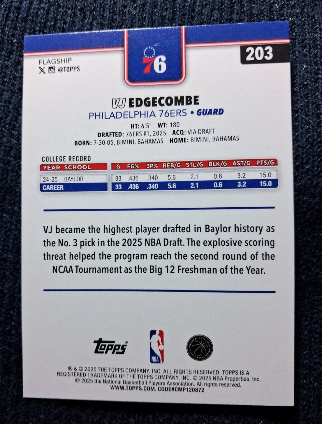 2025-26 Topps NBA Flagship VJ EDGECOMBE #203 (RC)Badge [Base] Philadelphia 76ers